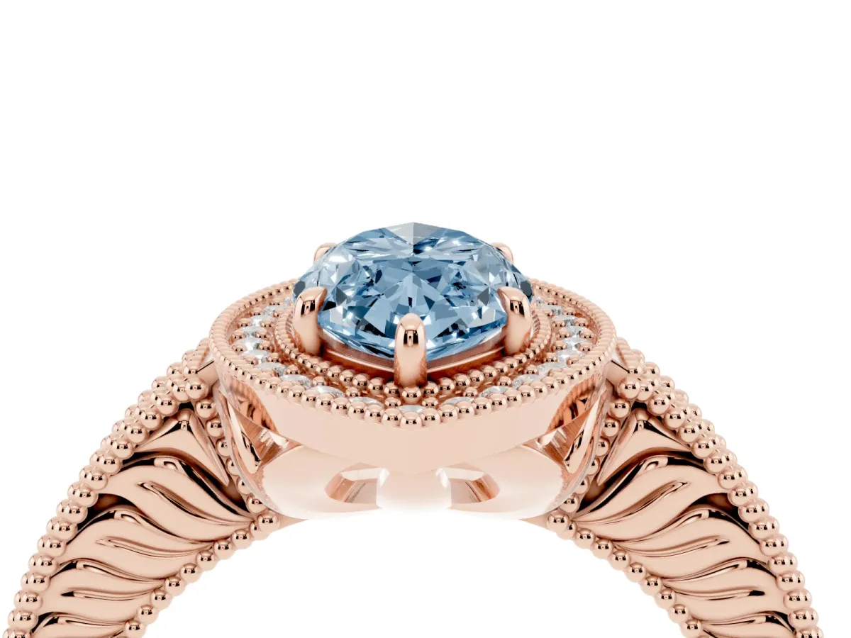 Fancy Blue Marquise Cut Cut Halo Diamond Ring with Pavé Band and Four-Prong Setting Rose gold