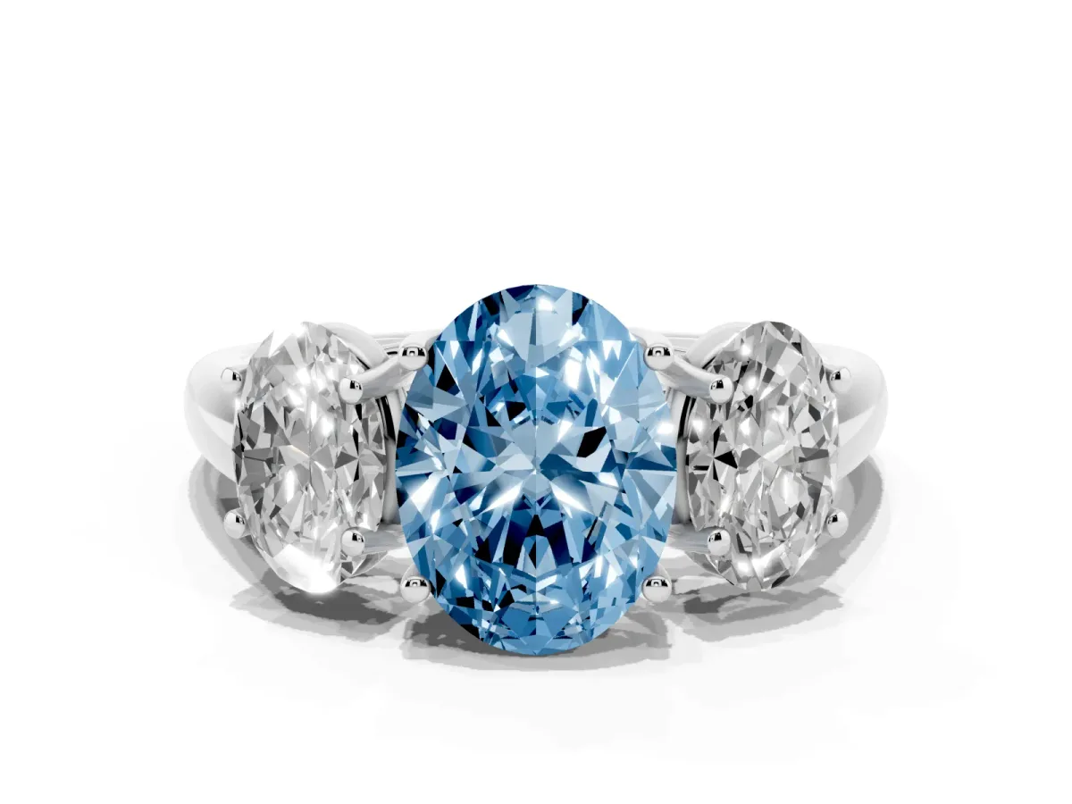 Fancy Blue Three-Stone Oval Cut Diamond Engagement Ring with Prong Setting Silver