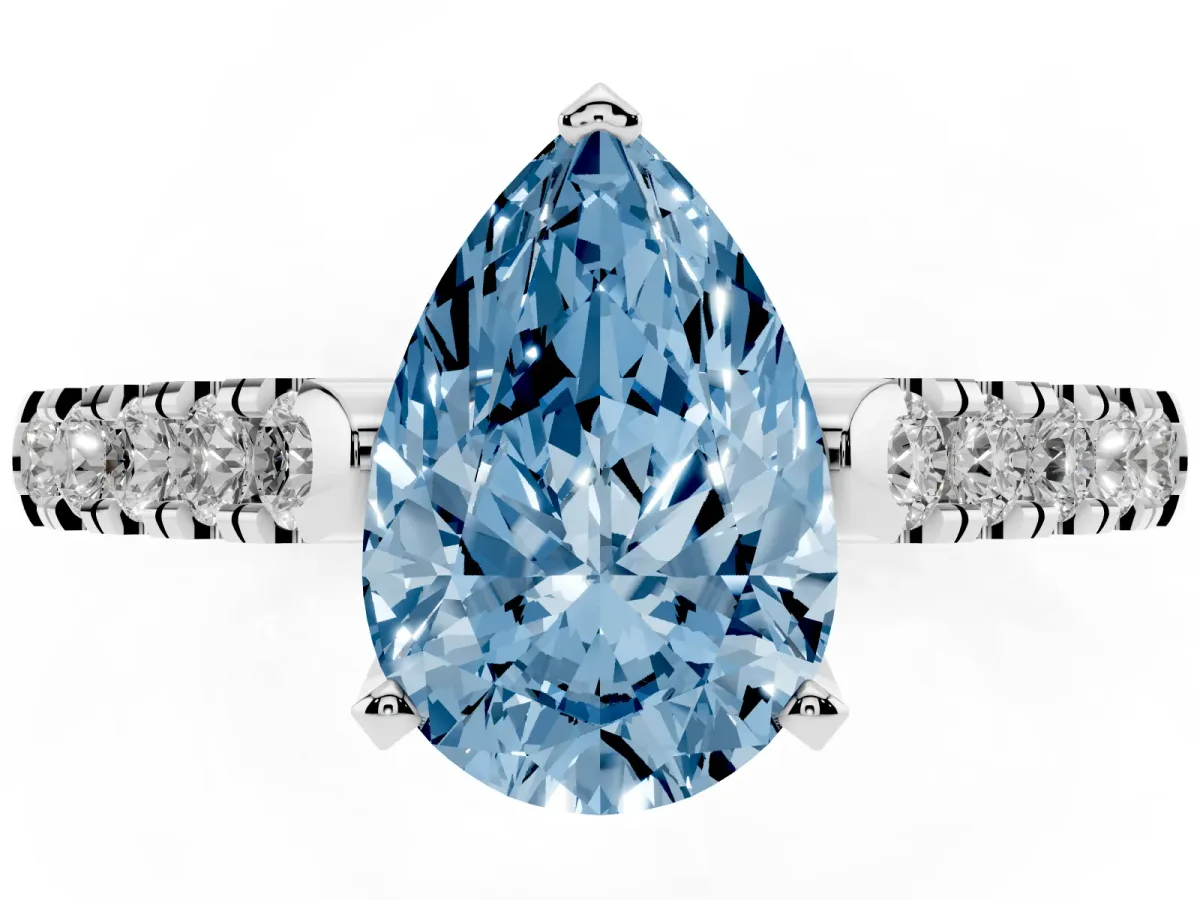 Fancy Blue Pear Cut Diamond Pavé Band Solitaire Ring with Prong Setting Platinum