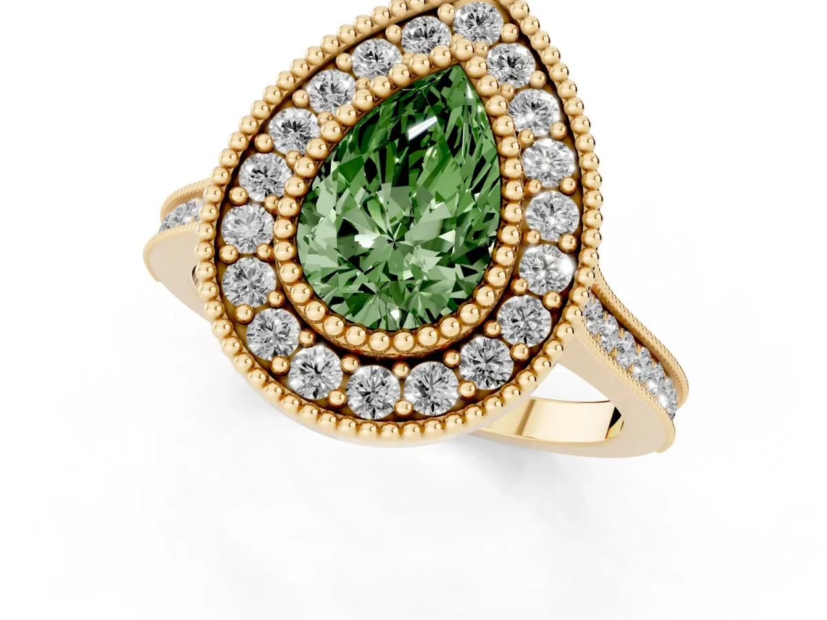 Fancy Green Pear Cut Diamond Halo Ring with Milgrain Frame and Pavé Band Yellow gold