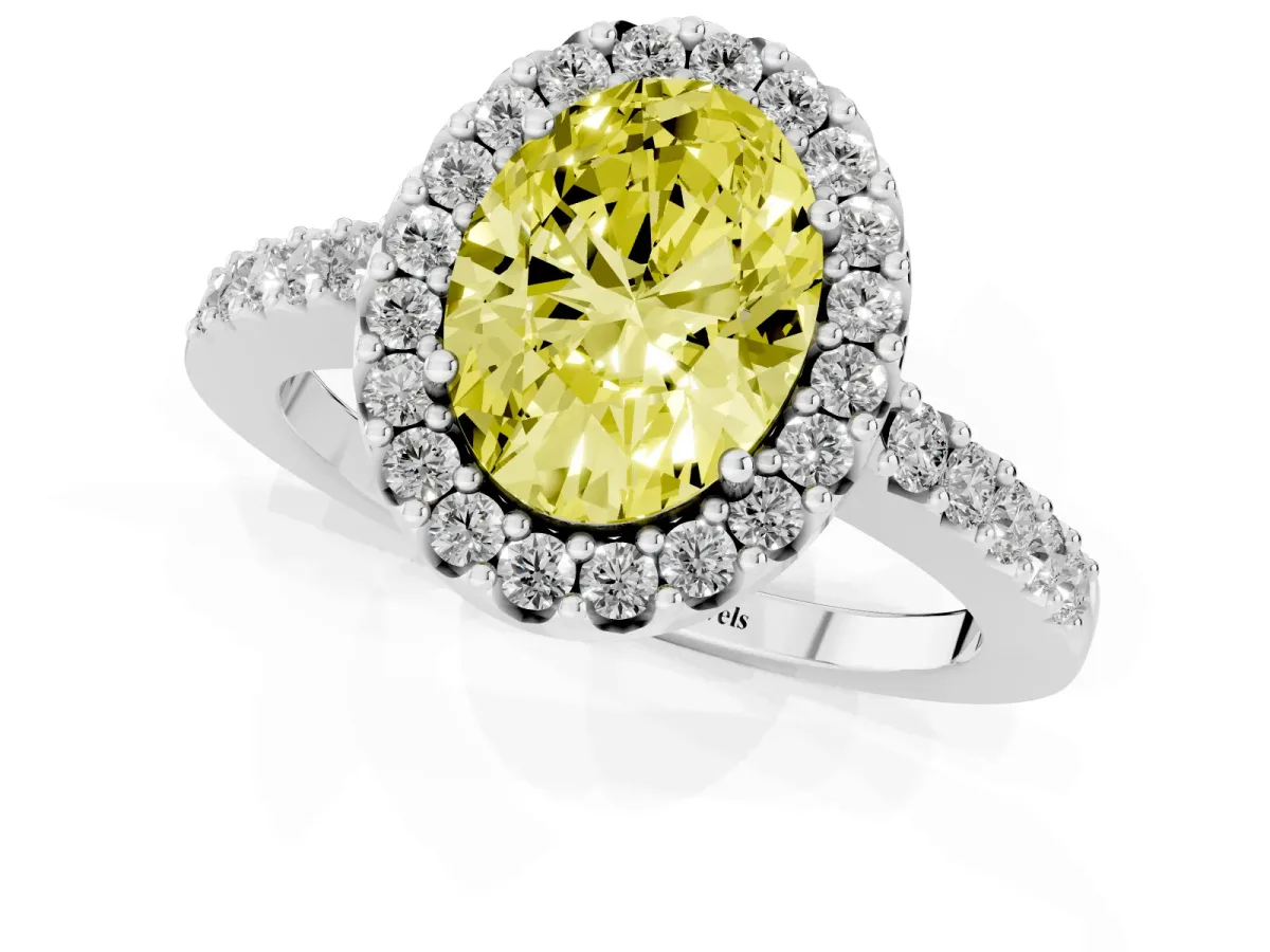 Fancy Yellow Oval Cut Halo Diamond Pavé Solitaire Ring White gold
