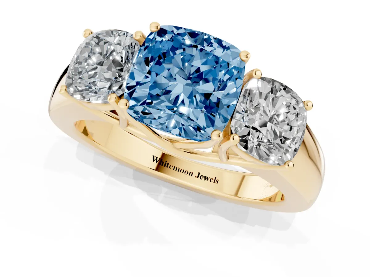 Fancy Blue Three-Stone Cushion Cut Cut Diamond Ring with Prong Setting and Classic Band Yellow gold