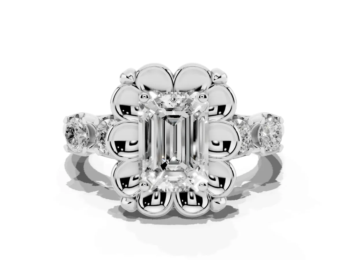 Emerald Cut Cut Diamond Floral Halo Engagement Ring with Shared Prong Setting Platinum