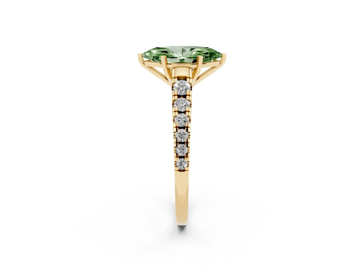 Fancy Green Marquise Cut Diamond Cathedral Solitaire Ring with Round Pavé Band Yellow gold
