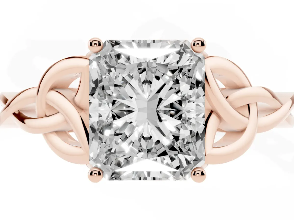 Radiant Cut Diamond Solitaire Engagement Ring with Celtic Knot Band and Four-Prong Setting Rose gold