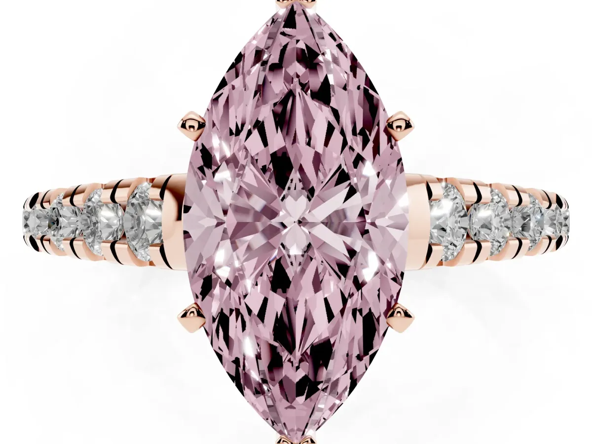 Fancy Pink Marquise Cut Diamond Cathedral Solitaire Ring with Round Pavé Band Rose gold