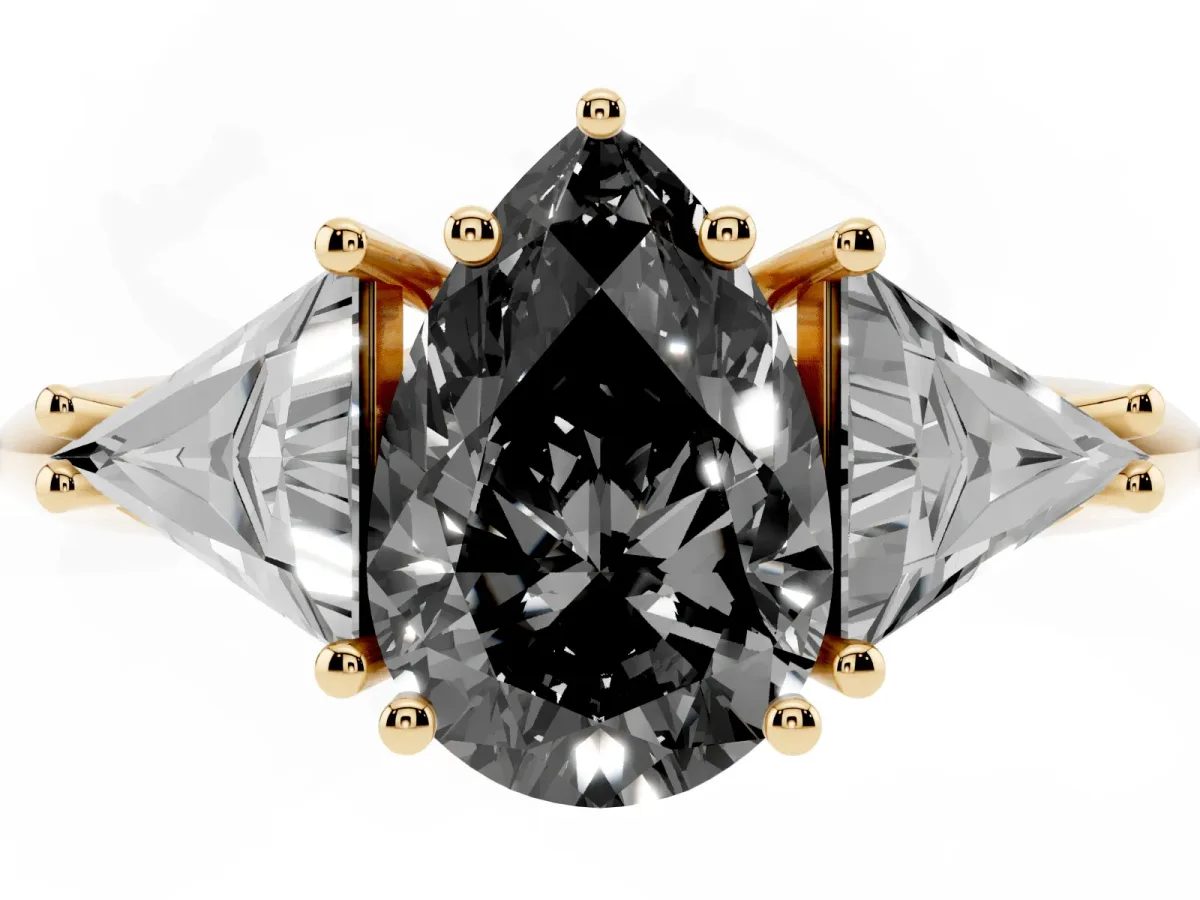 Fancy Black Three-Stone Pear Cut Diamond Engagement Ring with Trillion Side Stones and Prong Setting Yellow gold