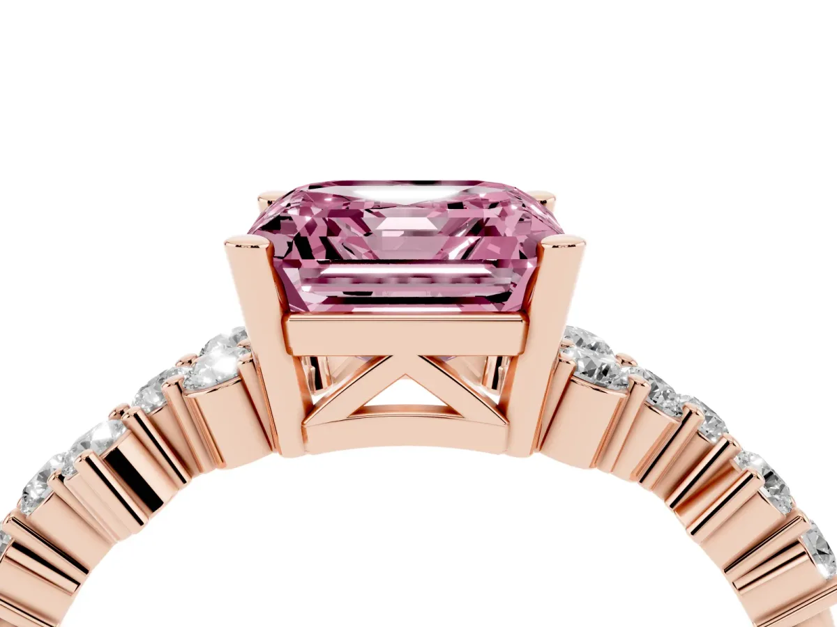 Fancy Pink Asscher Cut Diamond Scattered Round Accent Ring with Prong Setting Rose gold