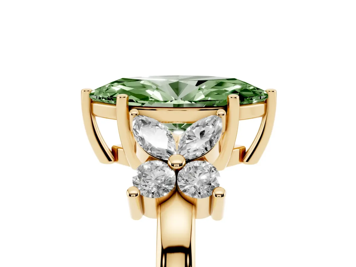 Fancy Green Marquise Cut Diamond Floral Cluster Ring with Solitaire Band and Prong Setting Yellow gold