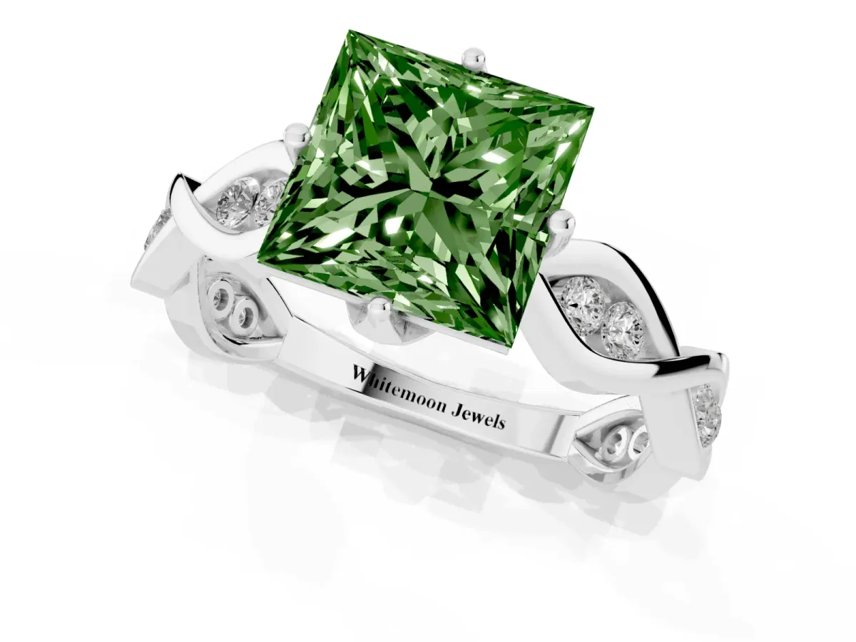 Fancy Green Princess Cut Solitaire Twist Band with Leaf Prong Setting Silver