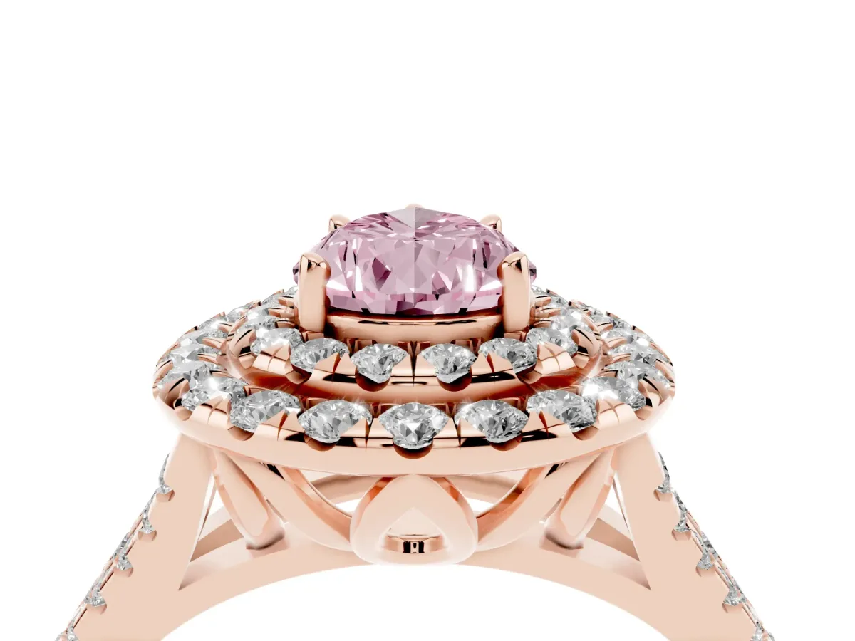 Fancy Pink Double Halo Pear Cut Diamond Pavé Split Shank Ring with Prong Setting Rose gold