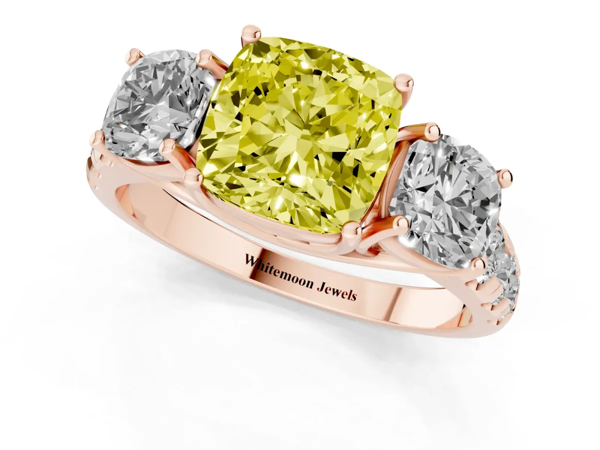 Fancy Yellow Three-Stone Cushion Cut Diamond Pavé Band with Prong Setting Rose gold