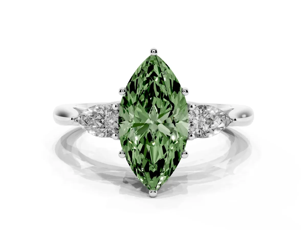 Fancy Green Marquise Cut Diamond Three-Stone Ring with Pear Side Stones and Prong Setting Silver