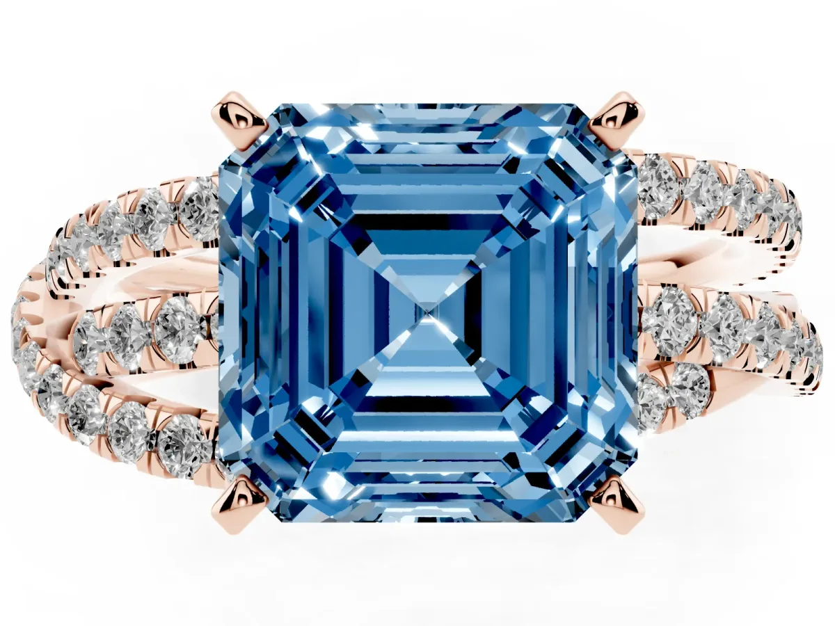 Fancy Blue Asscher Cut Solitaire Twist Band with Pavé Setting and Four-Prong Setting Rose gold