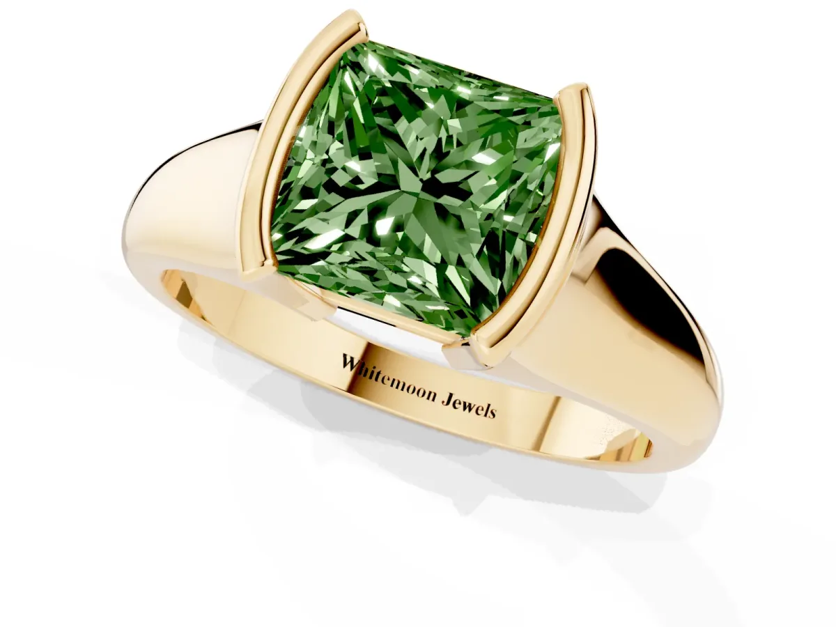 Fancy Green Princess Cut Solitaire Tension Set Diamond Ring with Split Shank Band Yellow gold