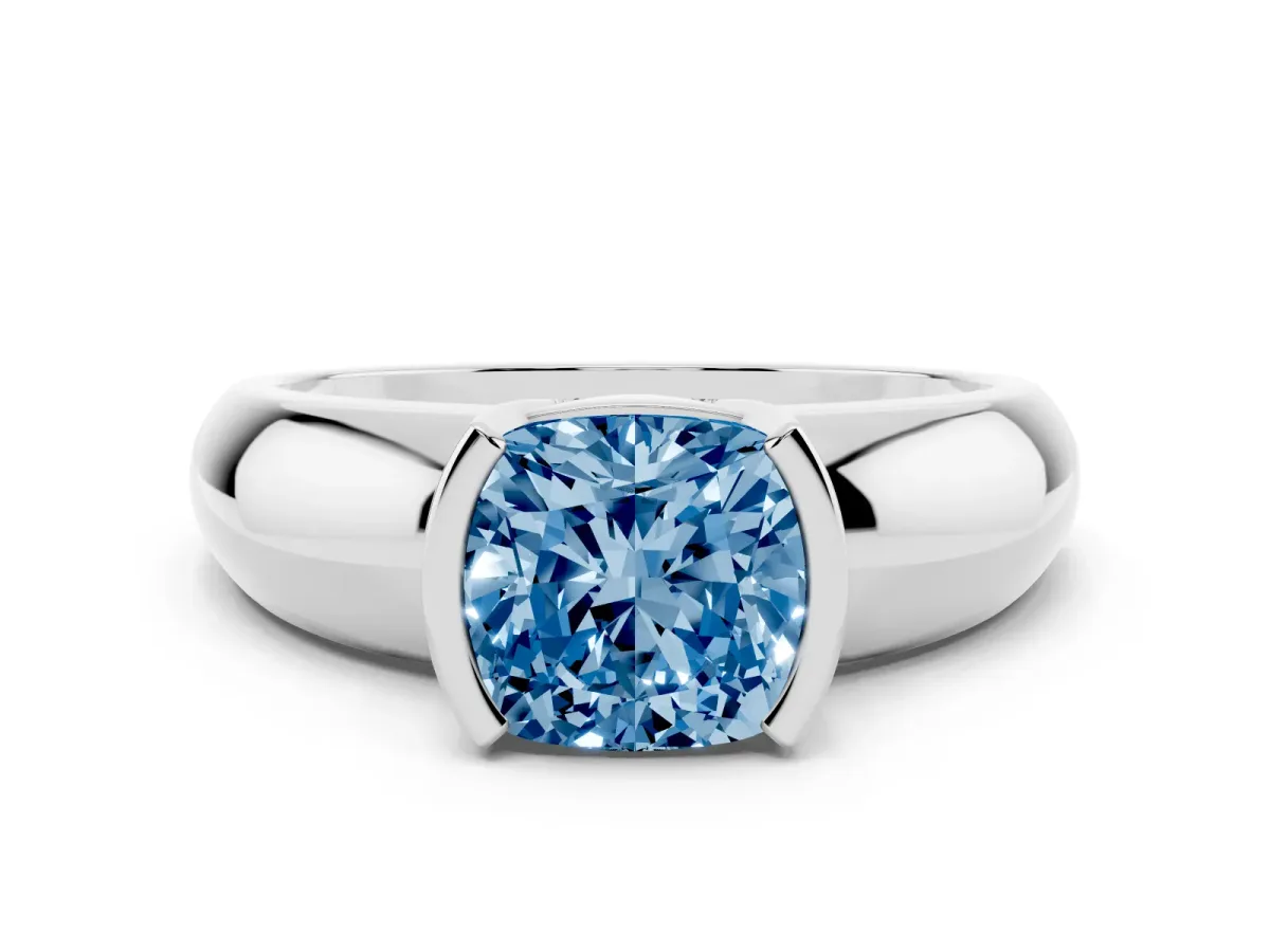 Fancy Blue Cushion Cut Solitaire Tension Set Diamond Ring with Wide Band Silver
