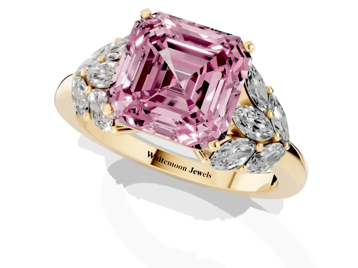 Fancy Pink Asscher Cut Diamond Cluster Leaf Design Ring with Prong Setting Yellow gold