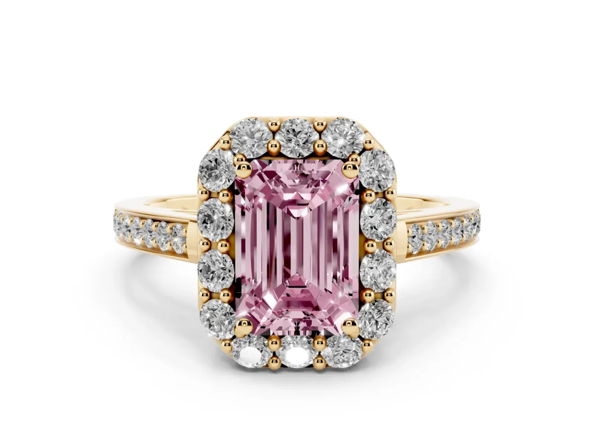 Fancy Pink Emerald Cut Diamond Floral Halo Ring with Pavé Band and Prong Setting Yellow gold