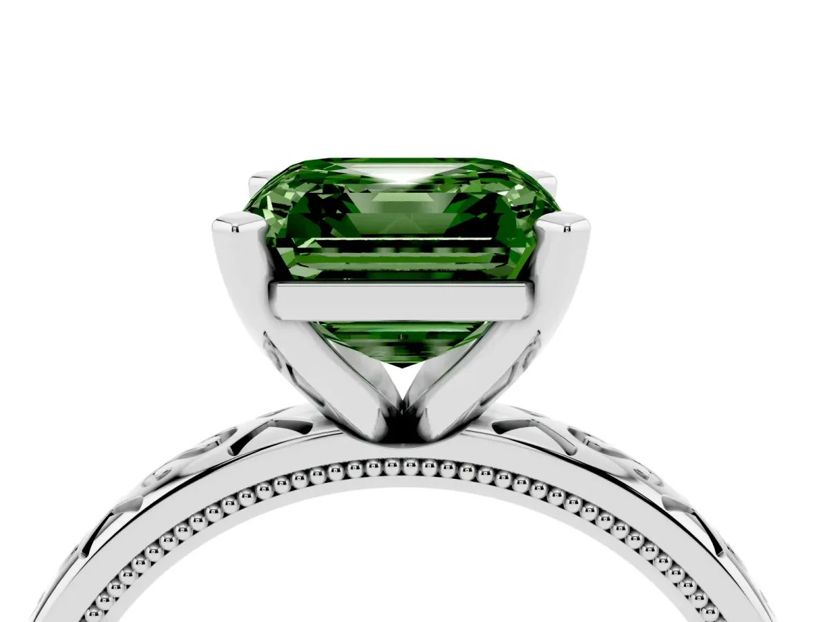 Fancy Green Asscher Cut Solitaire Engagement Ring with Scrollwork Band and Four-Prong Setting Silver
