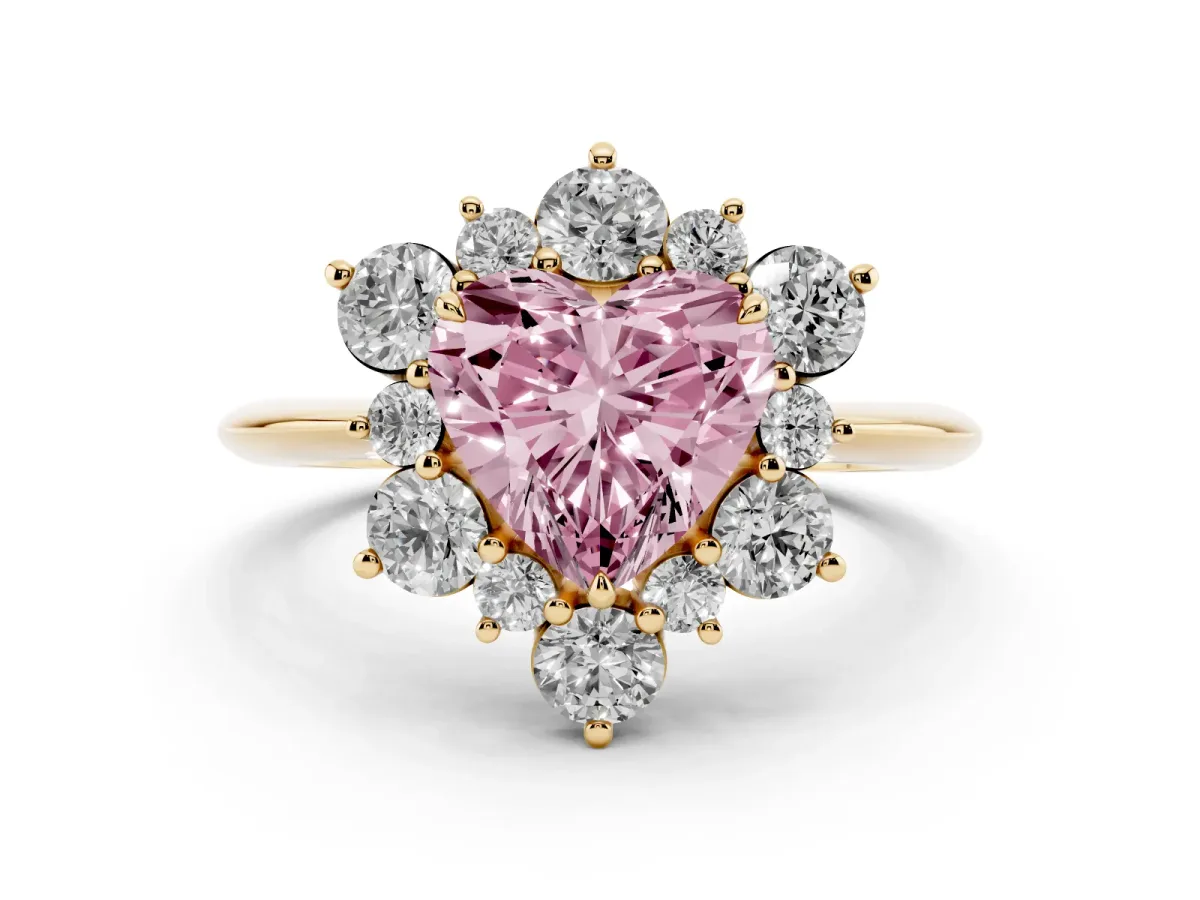 Fancy Pink Heart Cut Diamond Cluster Halo Ring with Solitaire Band and Four-Prong Setting Yellow gold