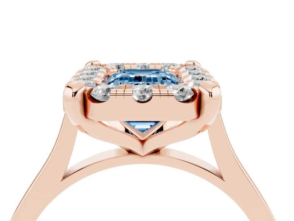 Fancy Blue Emerald Cut Diamond Cluster Halo Solitaire with Four-Prong Setting Rose gold