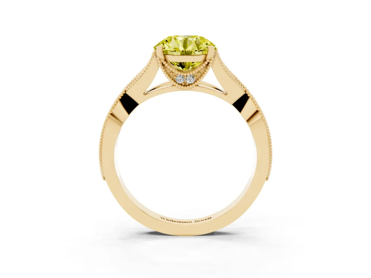 Fancy Yellow Round Cut Cut Diamond Twisted Band with Milgrain Pave Setting and Four-Prong Setting Yellow gold