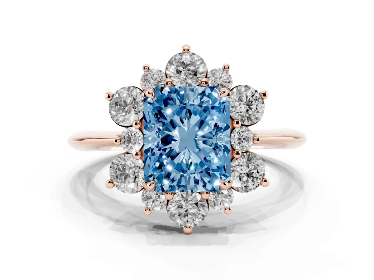 Fancy Blue Radiant Cut Diamond Cluster Halo Ring with Solitaire Band and Four-Prong Setting Rose gold