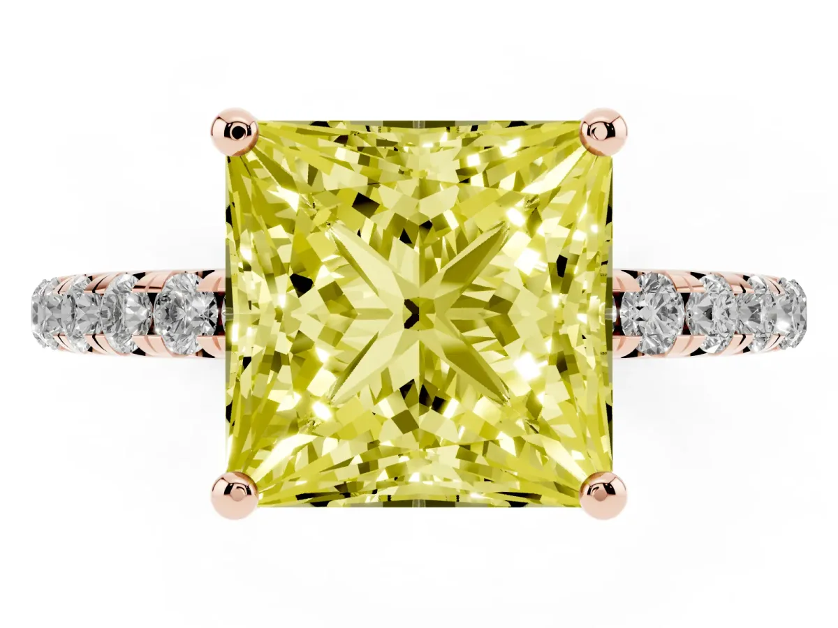 Fancy Yellow Princess Cut Cut Diamond Solitaire Ring with Micro Pave Band and Four Prong Setting Rose gold