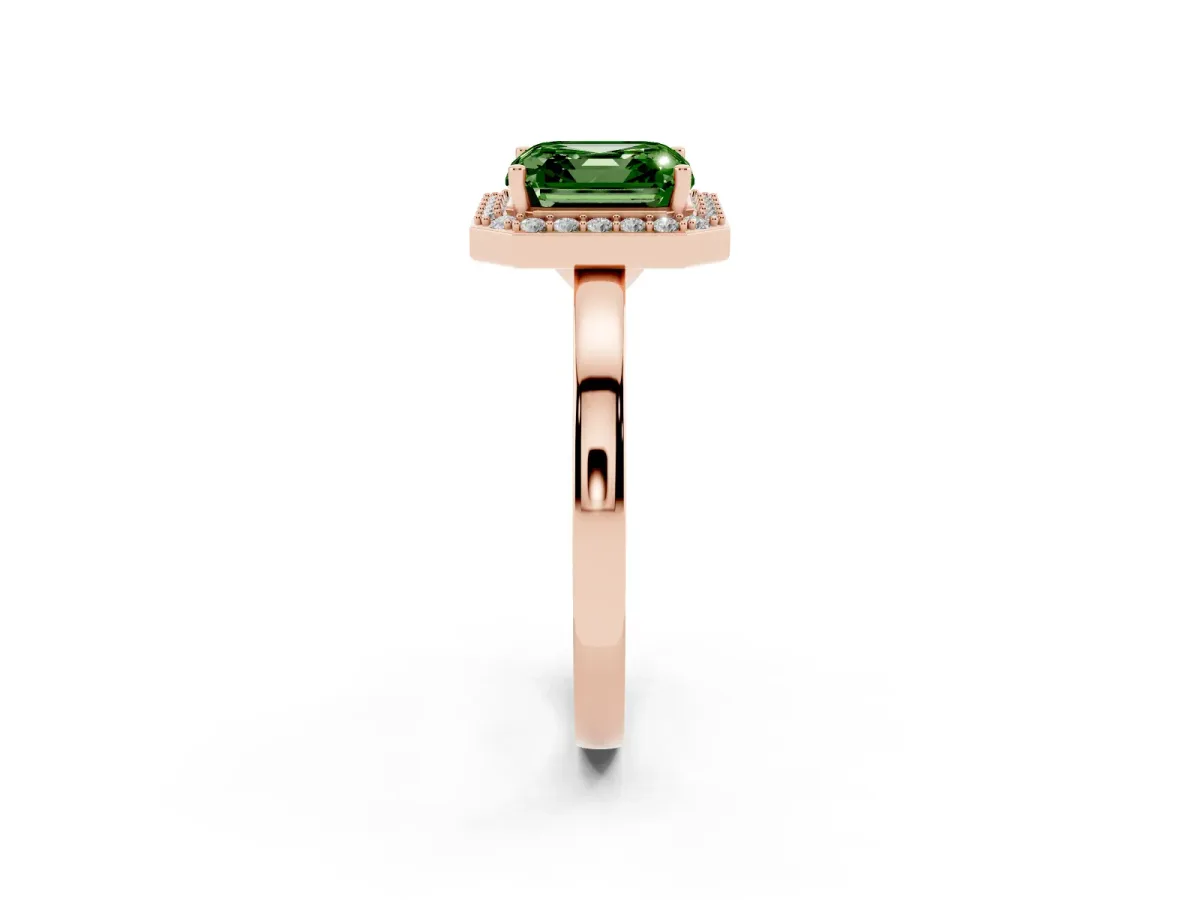 Fancy Green Asscher Cut Halo Diamond Ring with Solitaire Band and Prong Setting Rose gold