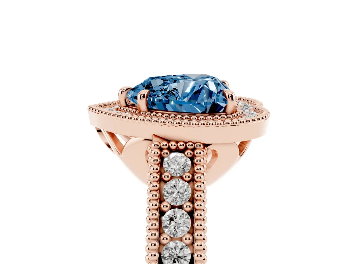 Fancy Blue Heart Cut Cut Halo Diamond Ring with Pavé Band and Four-Prong Setting Rose gold