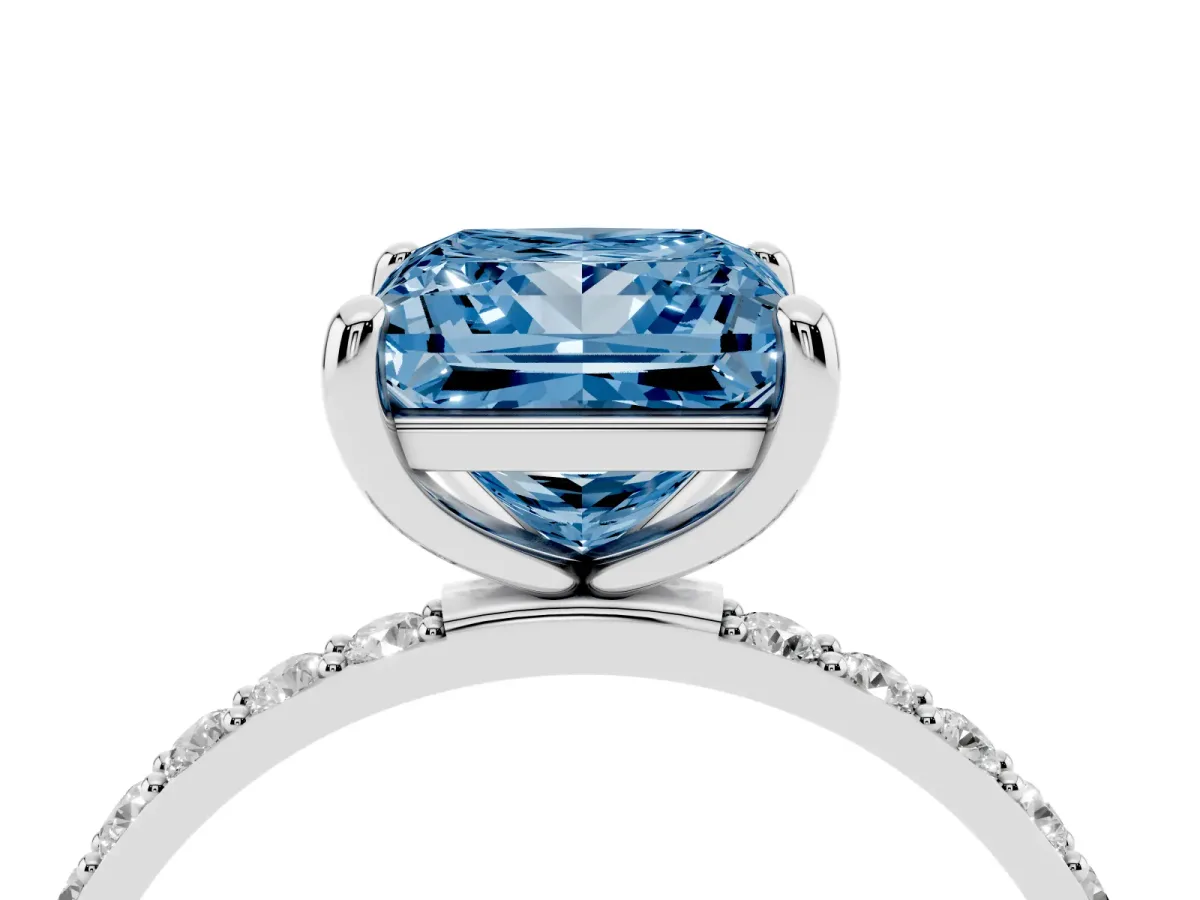 Fancy Blue Princess Cut Diamond Solitaire Ring with Round Pavé Band and Prong Setting Silver