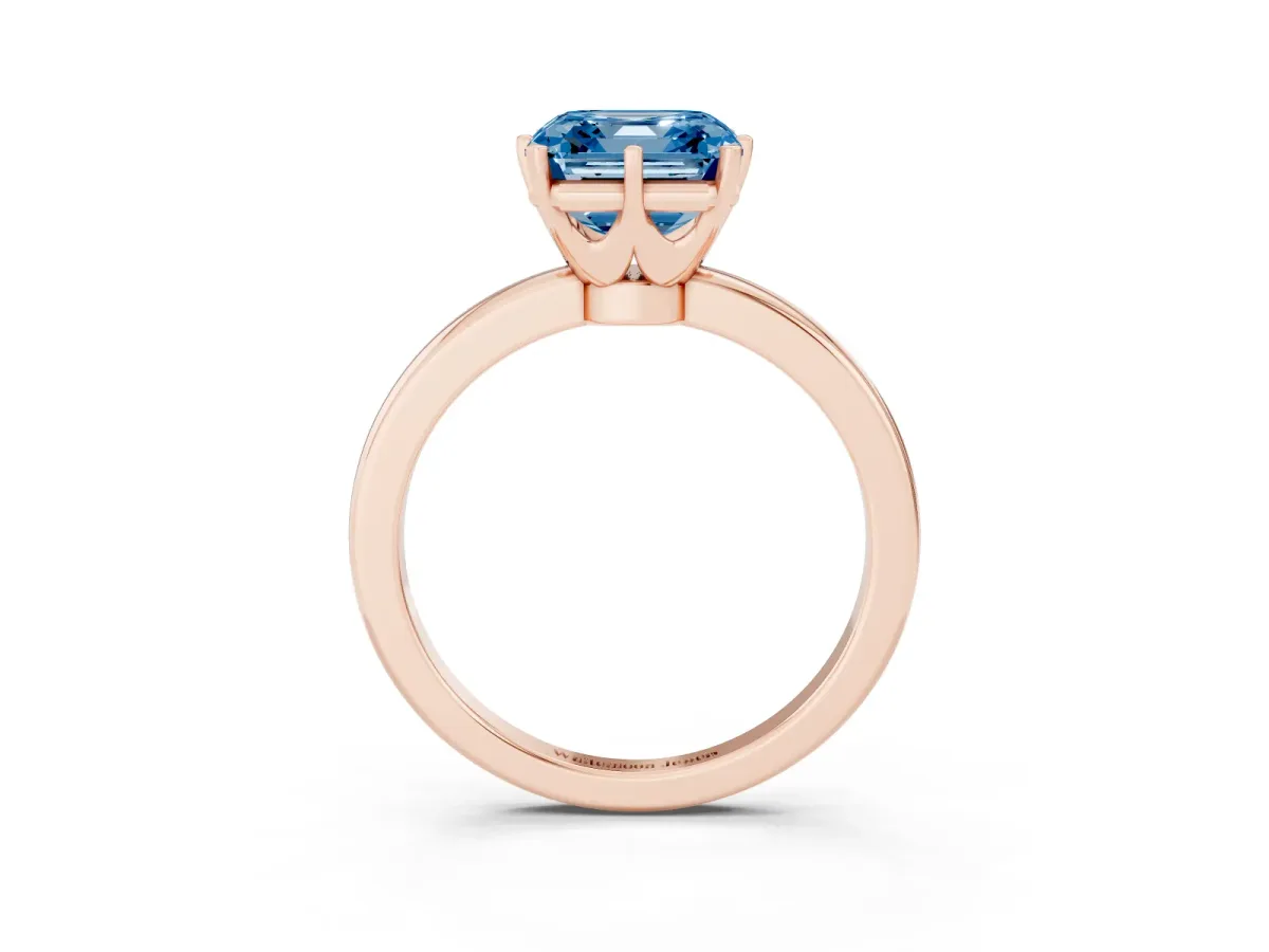 Fancy Blue Asscher Cut Solitaire Diamond Ring with Six-Prong Setting on a Classic Band Rose gold