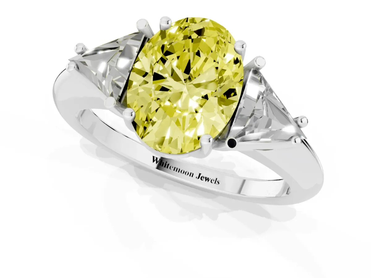 Fancy Yellow Three-Stone Oval Cut Diamond Engagement Ring with Trillion Side Stones and Prong Setting Silver