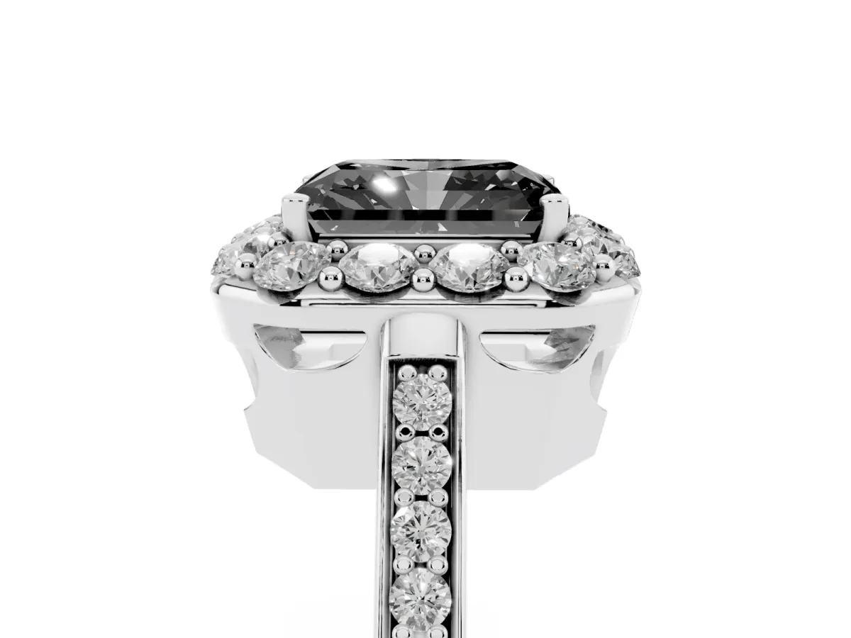 Fancy Black Radiant Cut Diamond Floral Halo Ring with Pavé Band and Prong Setting White gold