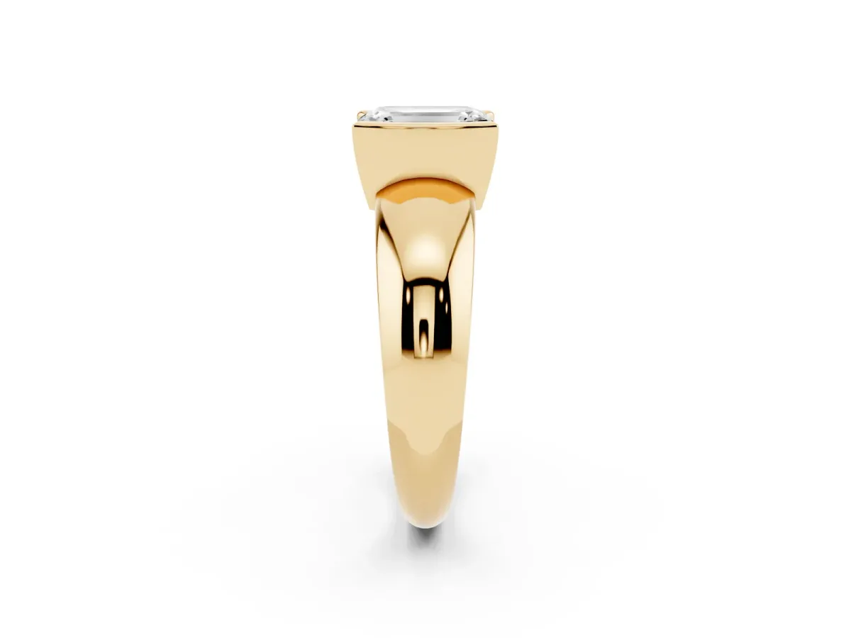 Emerald Cut Solitaire Tension Set Diamond Ring with Wide Band Yellow gold