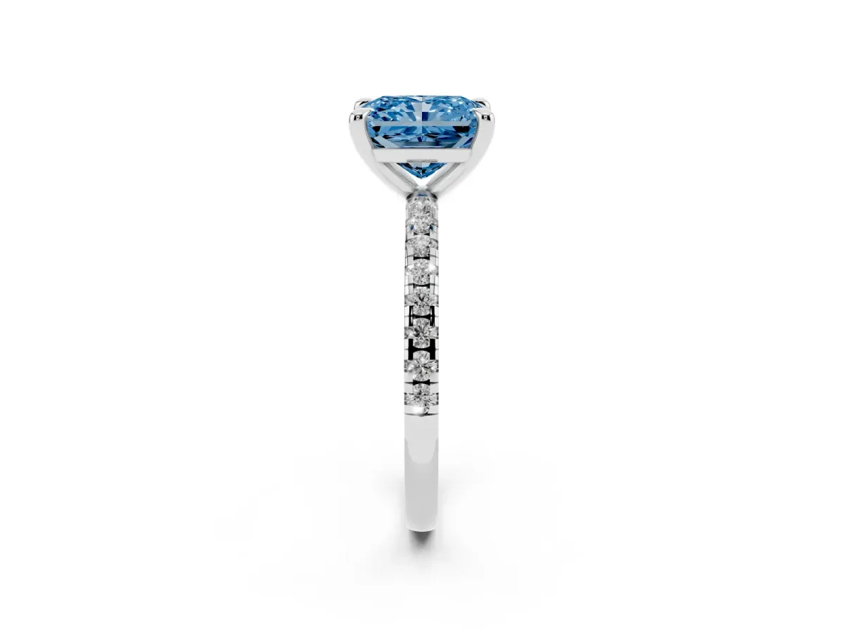 Fancy Blue Radiant Cut Diamond Brilliant Solitaire Ring with Pavé Band and Four-Prong Setting Silver