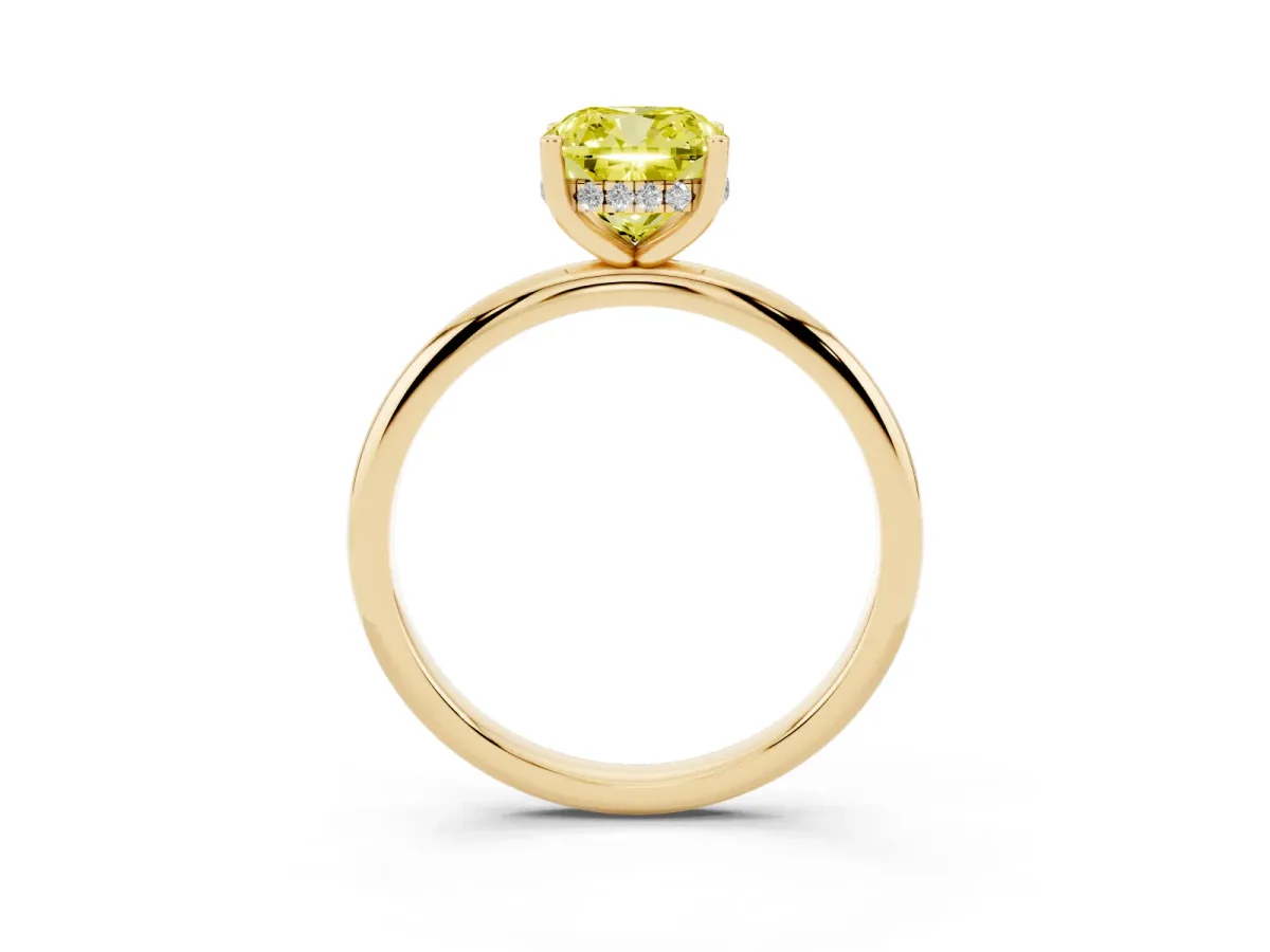 Fancy Yellow Cushion Cut Cut Solitaire Engagement Ring with Four-Prong Setting and Classic Band Yellow gold