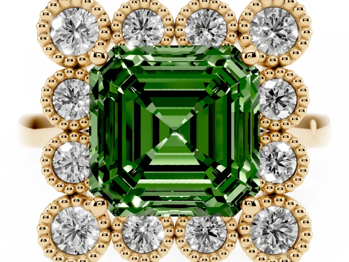 Fancy Green Asscher Cut Halo Diamond Cluster Engagement Ring with Milgrain Bezel Setting and Solitaire Band Yellow gold