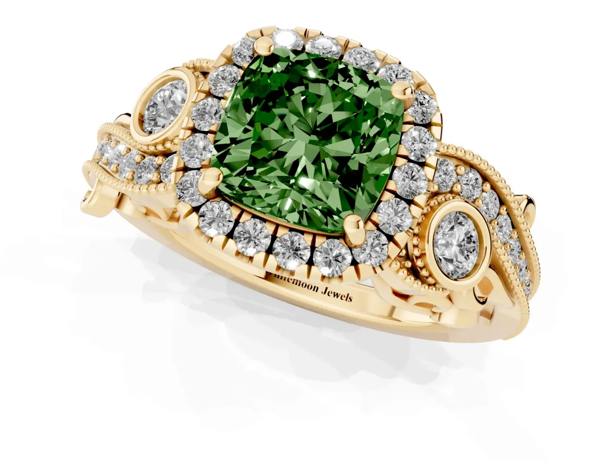 Fancy Green Cushion Cut Halo Diamond Ring with Milgrain and Bezel Accents on a Split Shank Band Yellow gold