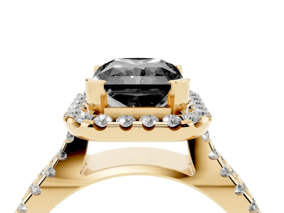 Fancy Black Radiant Cut Diamond Halo Ring with Split Shank Pavé Band and Prong Setting Yellow gold