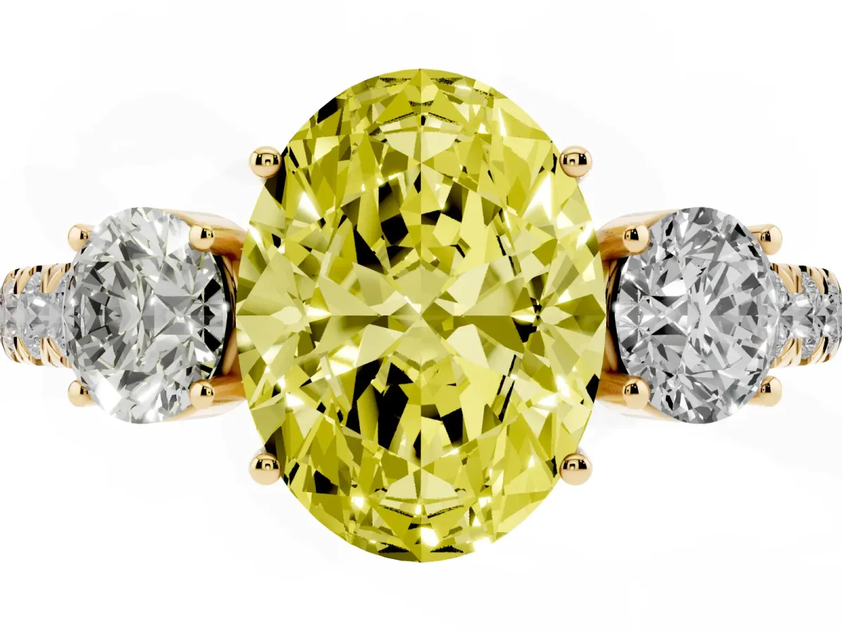 Fancy Yellow Oval Cut Cut Diamond Three-Stone Ring with Round Side Stones and Pavé Band Yellow gold