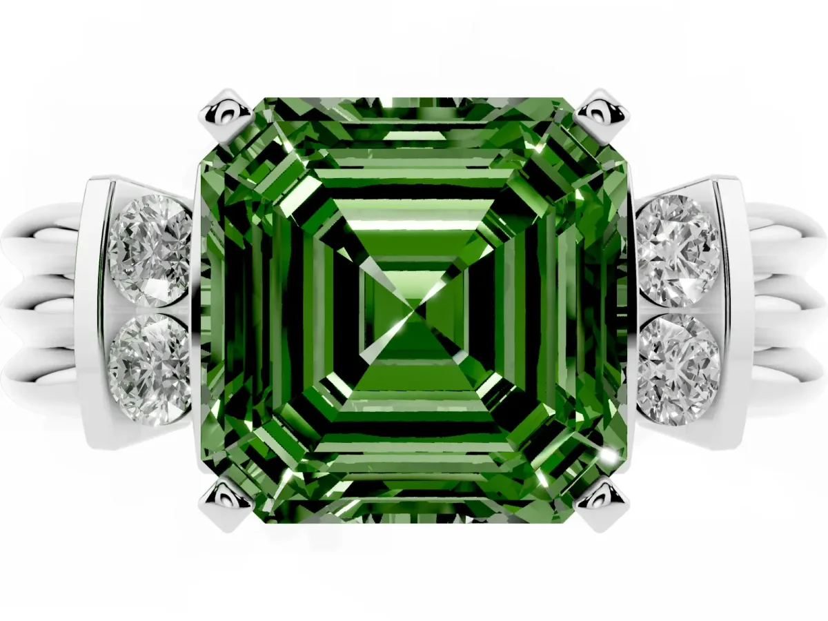 Fancy Green Asscher Cut Cut Three-Stone Channel Set Ring with Bar Prongs Silver