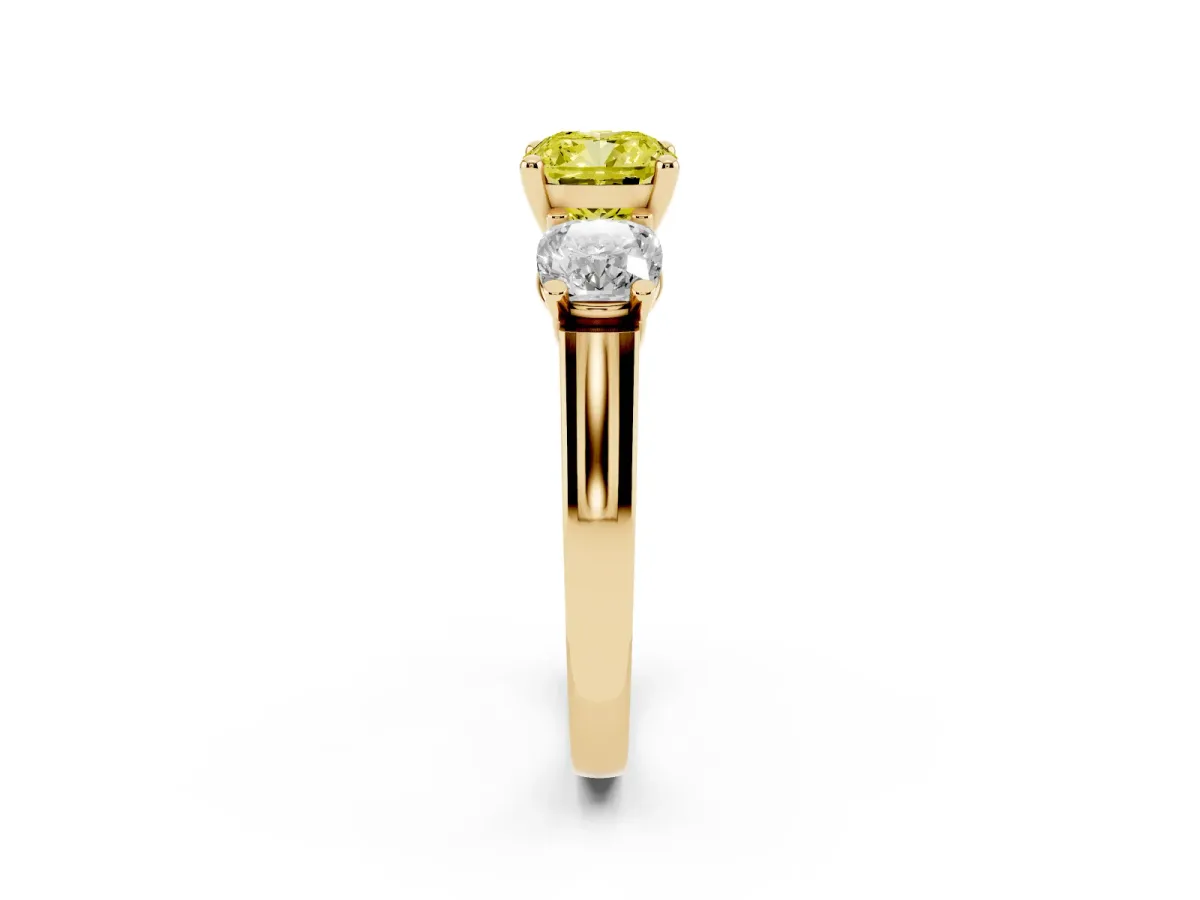 Fancy Yellow Three-Stone Cushion Cut Brilliant Diamond Trellis Ring with Comfort Fit Band Yellow gold