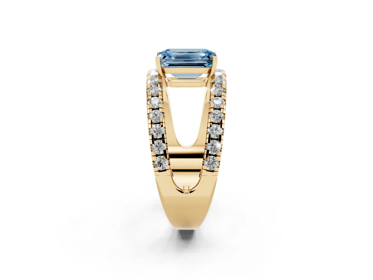 Fancy Blue Emerald Cut Solitaire Split Shank Pave Diamond Ring Yellow gold