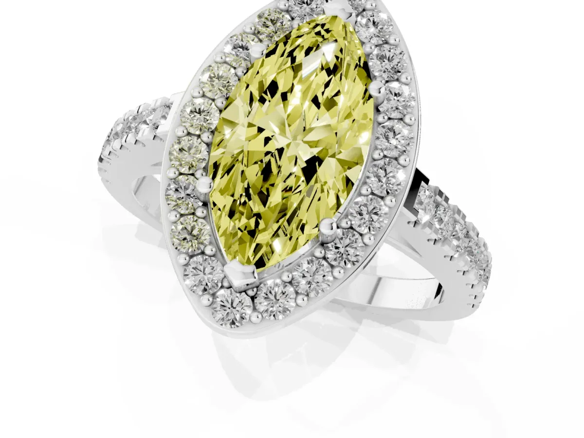 Fancy Yellow Marquise Cut Diamond Halo Ring with Round Pavé Split Shank and Prong Setting White gold