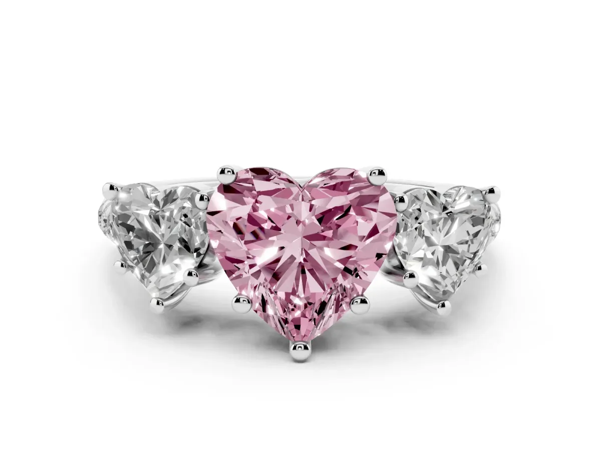 Fancy Pink Three-Stone Heart Cut Diamond Ring with Round Pavé Band and Prong Setting Silver