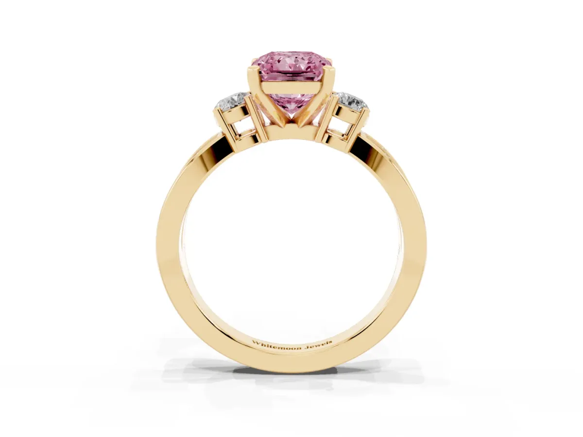 Fancy Pink Three-Stone Radiant Cut Cut Diamond Twist Band with Prong Setting Yellow gold