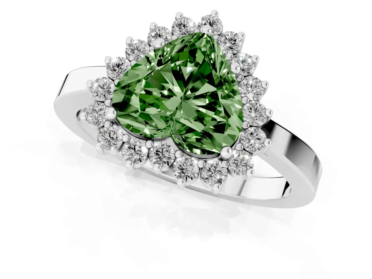 Fancy Green Heart Cut Cut Diamond Halo Ring with Round Brilliant Halo and Solitaire Band Silver