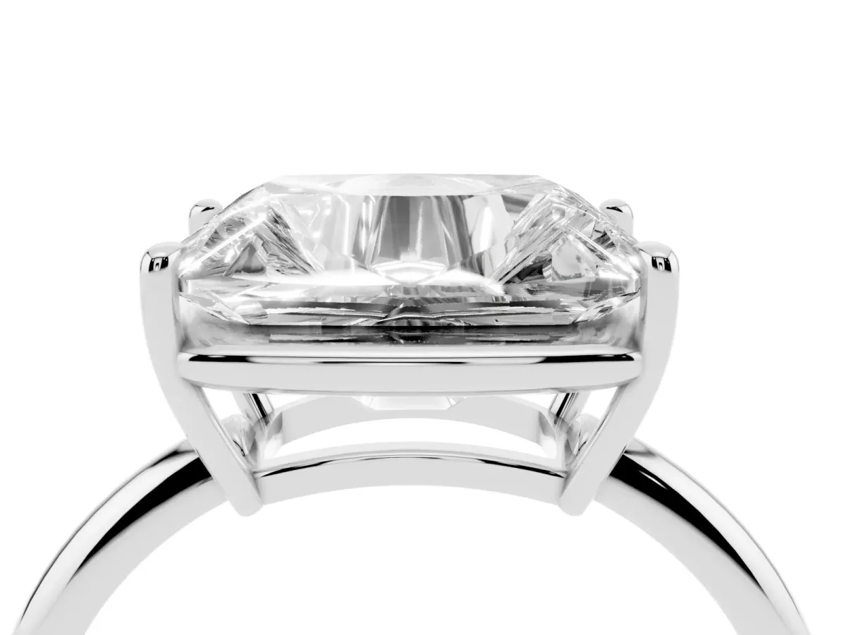 Old Mine Elongated Cushion Diamond East-West Bezel Set Four Claw Solitaire Ring Silver