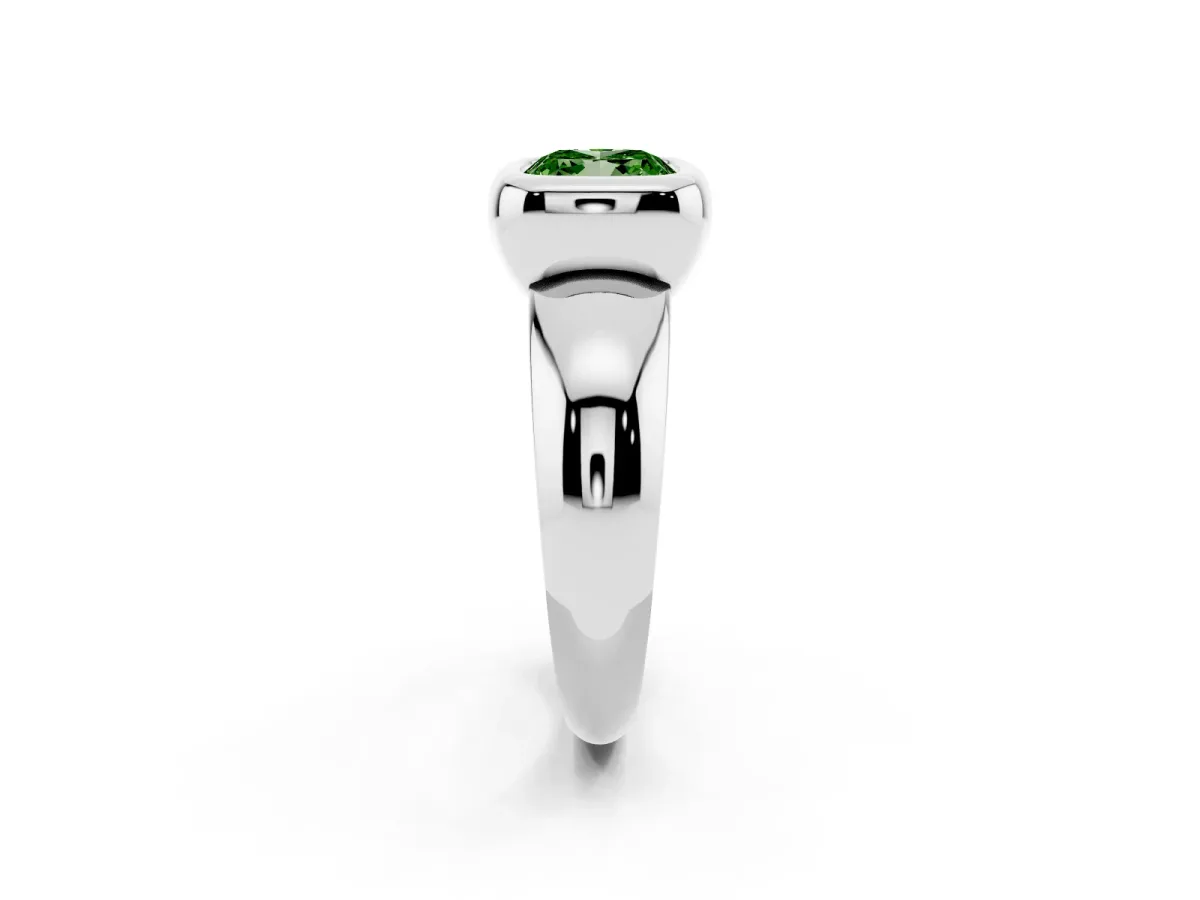 Fancy Green Bezel Set Cushion Cut Solitaire Ring with Wide Band Silver